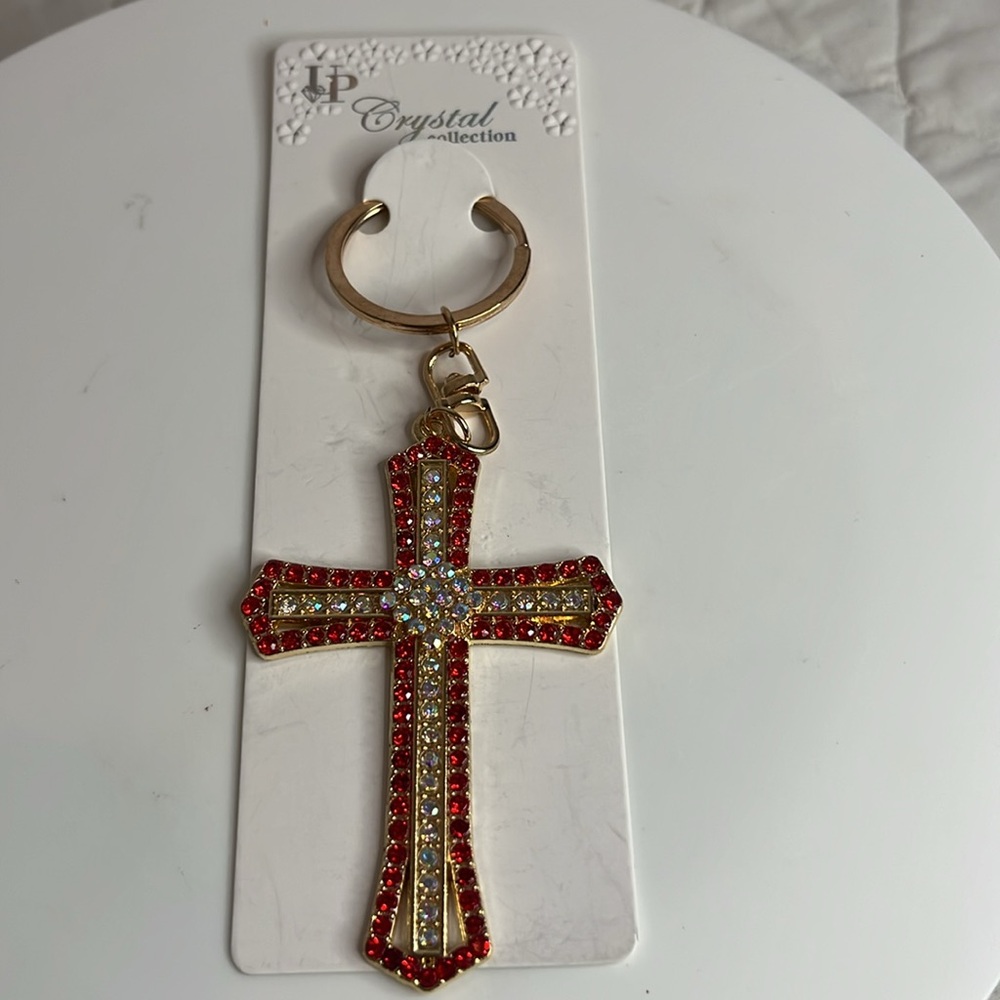 Red and Gold Rhinestone Cross Keychain - Picture 5 of 5